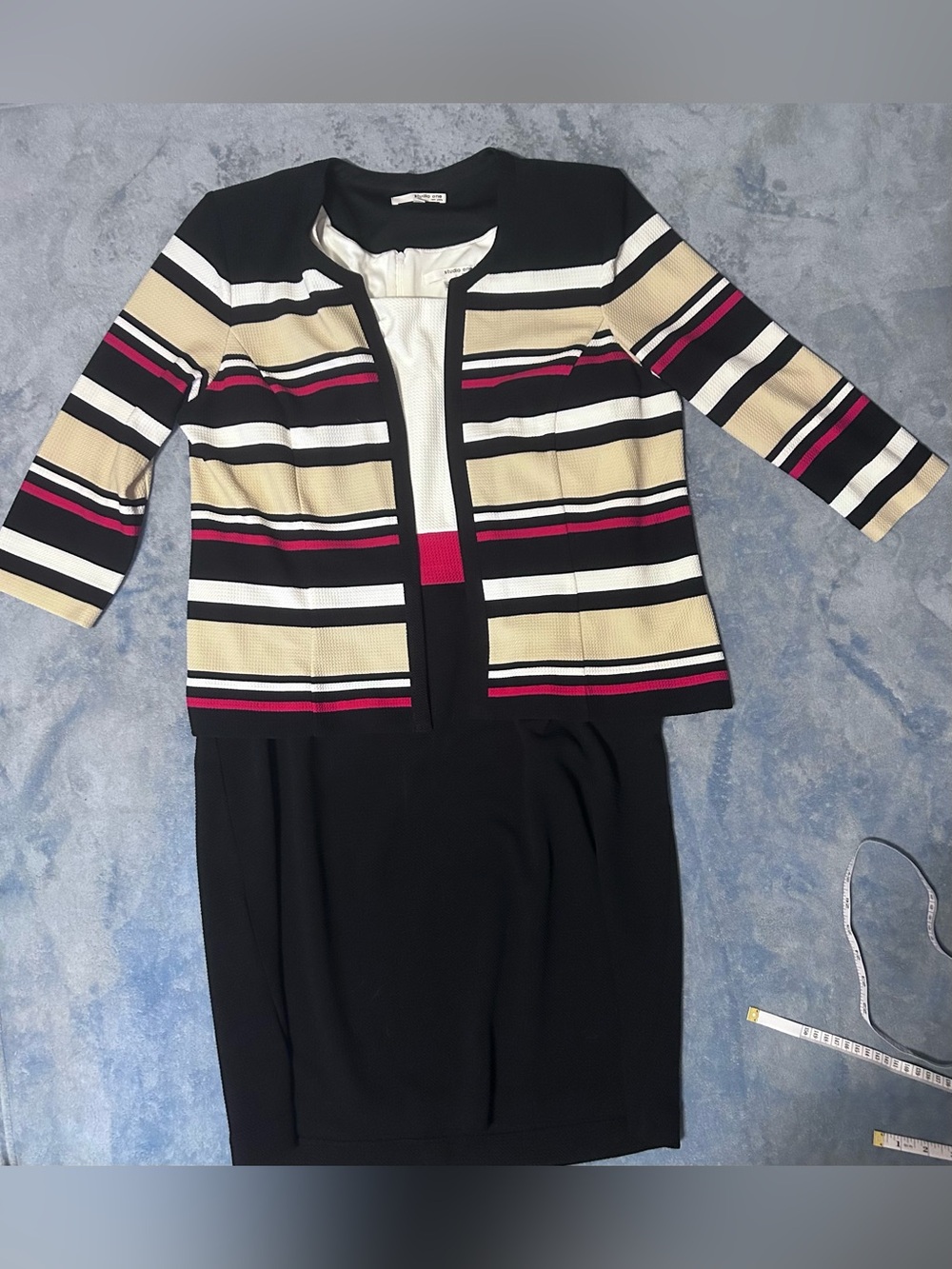 Striped Knit Jacket & Dress Set - Black, Cream & Pink